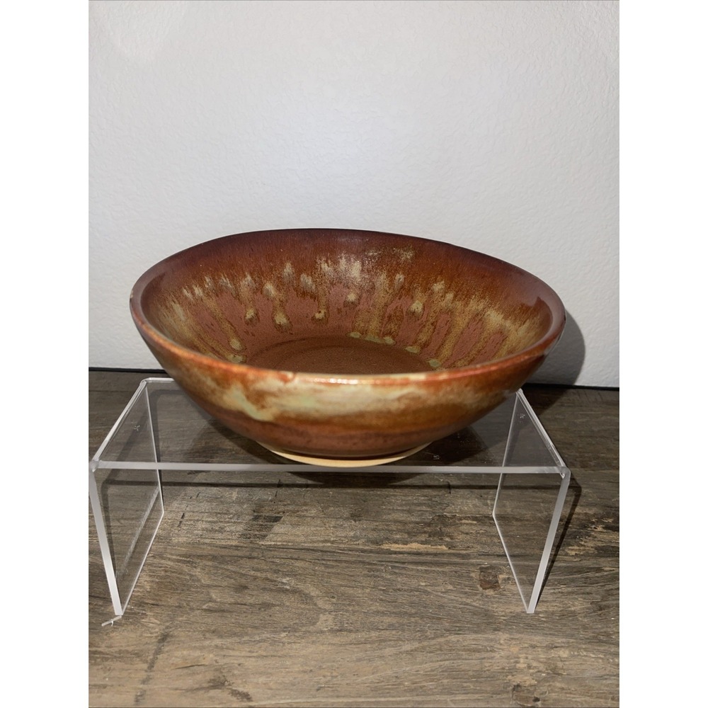 Handcrafted Art Pottery Serving Bowl Rust Terracotta Drip Glaze Signed M Boho
